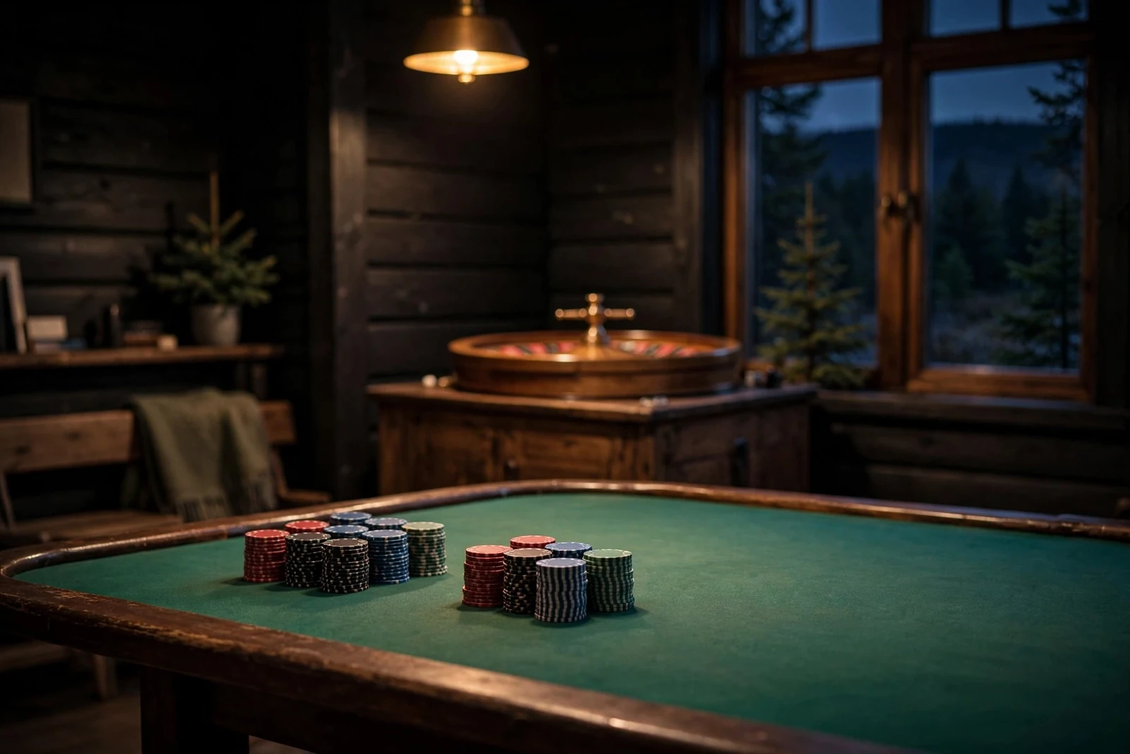 Tomt casinobord med jetonger og roulettehjul i dempet lys